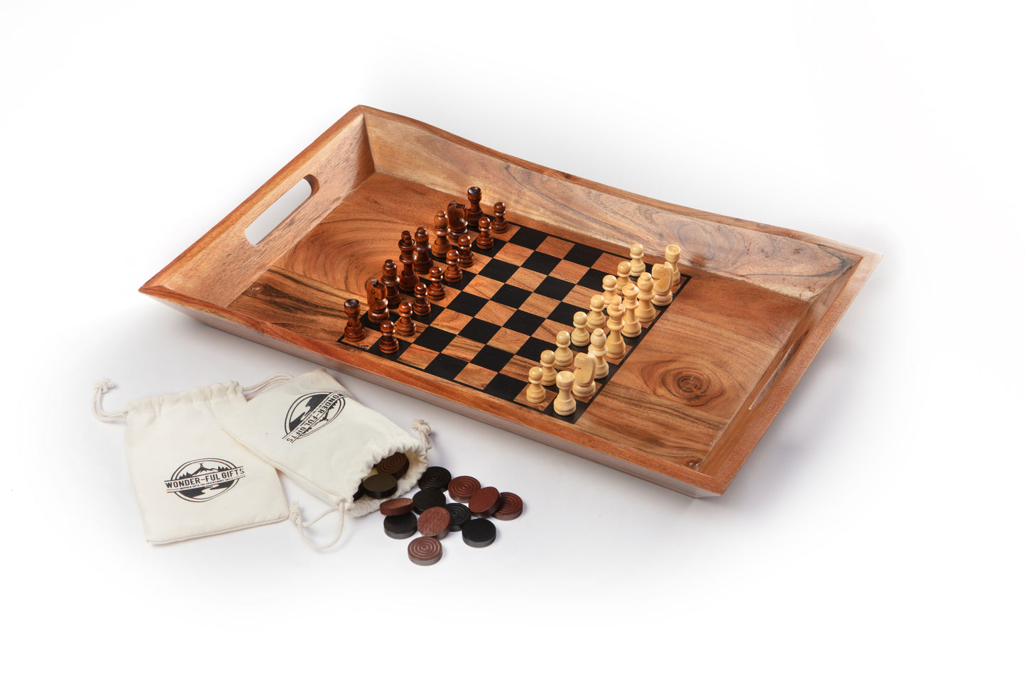 Acacia wood serving tray with checker/chess board on top