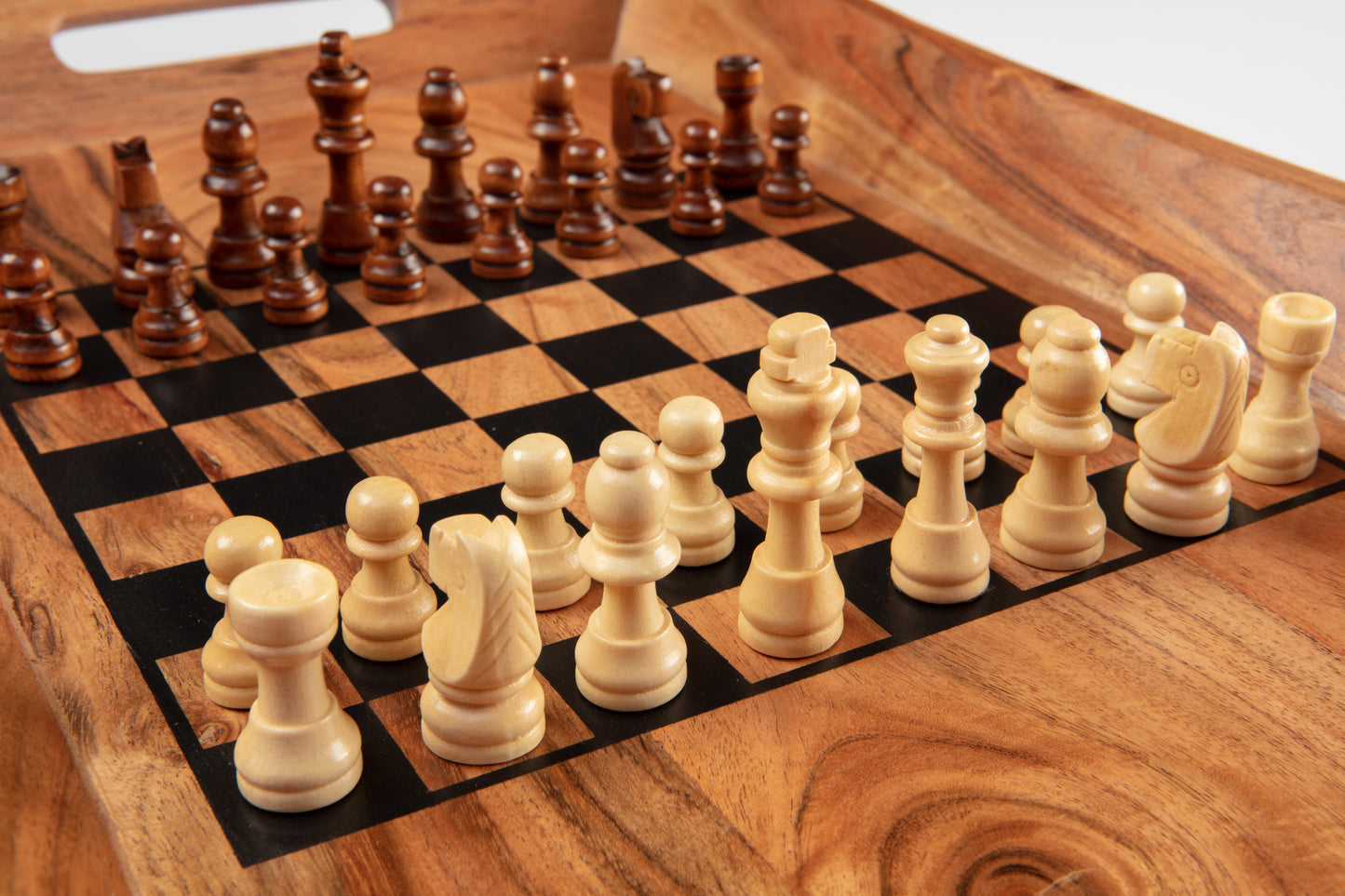 Acacia wood serving tray with checker/chess board on top