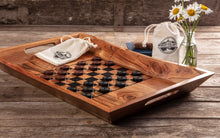 Acacia wood serving tray with checker/chess board on top